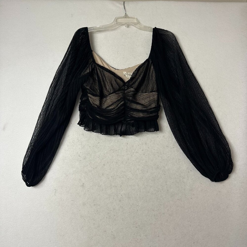 Meraki top shirt sz L black mesh sheer puff sleeves cropped overlay‎ witchy vamp
